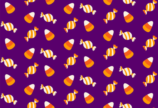 Halloween candy corns and candies pattern on violet background for Halloween day. Seamless pattern for wrapping paper, party, print, texture, textile, invitation, background. Flat vector illustration.