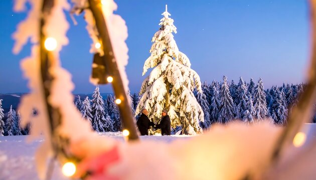 Couple in snowy forest at twilight