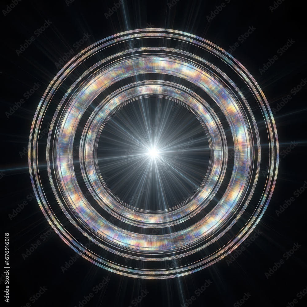 Poster circular brilliance with luminous radiations in abstract conceptual design
