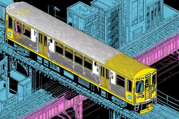 A futuristic yellow train traveling along a train track in an isometric illustration.