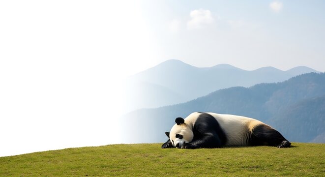 A giant panda peacefully sleeps on a grassy hill with mountains in the background.