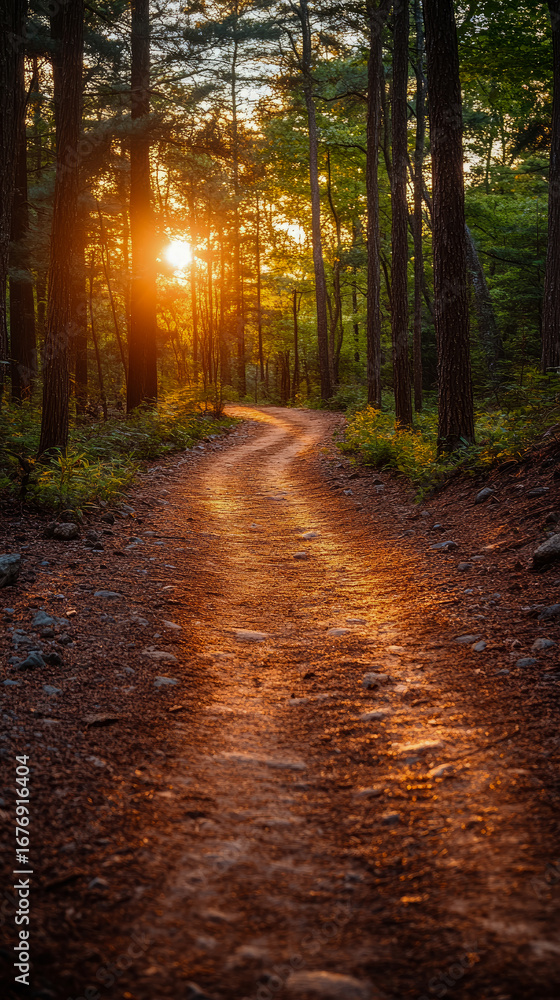Poster golden hour serenity on winding forest path, as warm sunlight filters through dense trees, illuminat