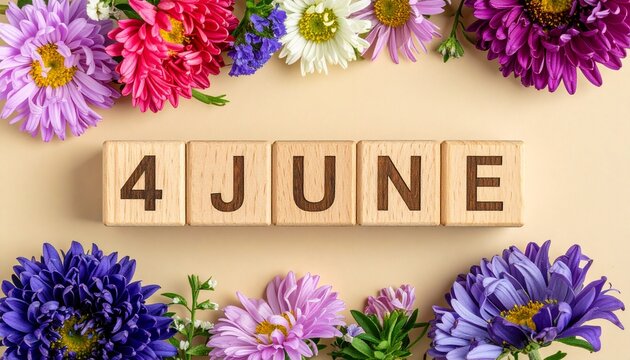 Wooden Blocks with Date 4 June. Floral Calendar – Vibrant Flowers on Solid Colored Background
