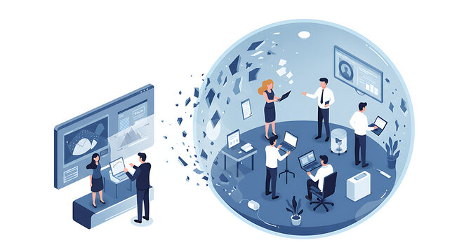 Business Team Data Analysis, Digital Transformation & Collaborative Strategy Isometric Vector. Innovation & Analytics Concept. - Powered by Adobe