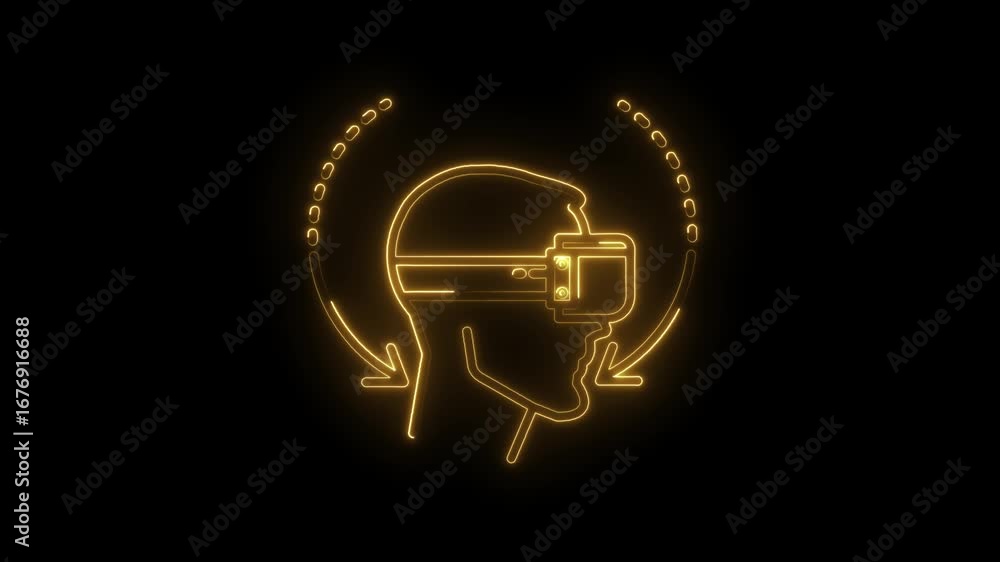Poster futuristic neon virtual reality experience with arrows illustrating interactive movement on dark bac