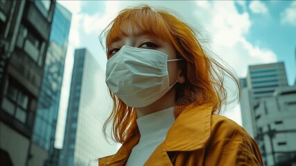 Woman in city with face mask - Powered by Adobe