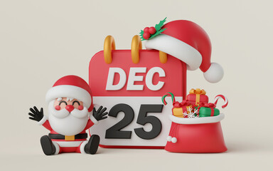 3d illustration Christmas theme, Santa Claus with calendar and gift bag