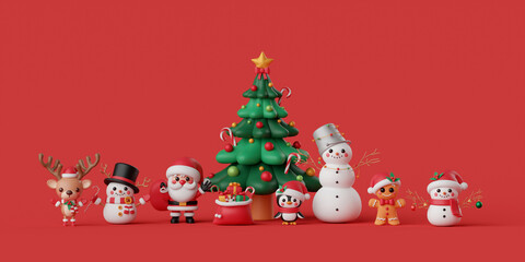 3d illustration banner Christmas theme with Christmas character, Santa Claus, Snowman, Reindeer, Penguin, Gingerbread man and Christmas tree