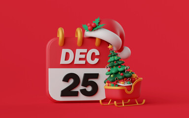3d illustration Christmas theme, Christmas calendar with Santa Claus hat and sleigh full by Christmas tree and gift box