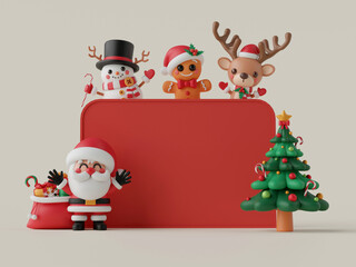 Christmas theme 3d illustration, Santa Claus and friend Christmas character, Christmas tree with red copy space