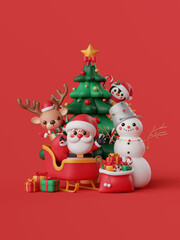 3d illustration Christmas theme, Santa Claus, reindeer, snowman, penguin with Christmas tree and gift box on a sleigh with red background