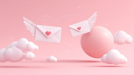 Minimalist pastel pink illustration of flying winged envelopes with red heart above globe and clouds, symbolizing love letters, global communication, and World Post Day celebration