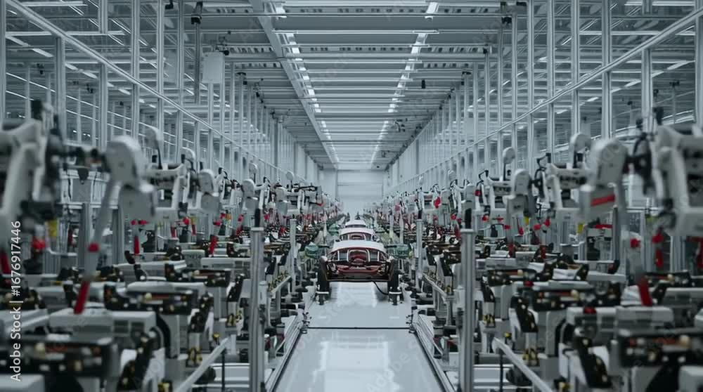 Wall mural a futuristic clean assembly line with advanced intelligent robots, showcasing automated production a