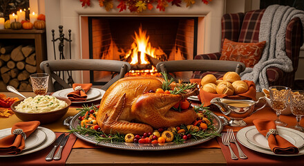 Thanksgiving dinner table setting with turkey and fireplace in a cozy home environment scene ai generated