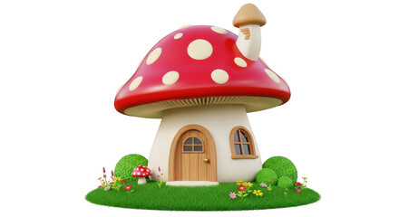 Fototapeta premium Whimsical 3D Mushroom House with Garden fairy house fantasy isolated on a transparent background