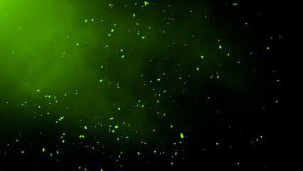 Perfect green fire particles embers, dust on background . Smoke fog misty texture overlays .