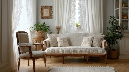 Feminine vintage lounge with lace details and plush pillows