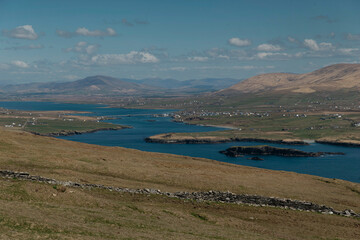 Panoramic view of island archipelago with stone walls and highland terrain