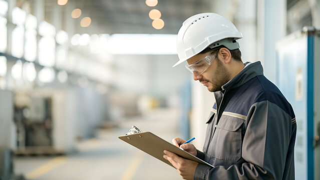 Engineer in white safety helmet with glasses writing notes on clipboard in modern industrial factory interior, ideal for workplace safety, engineering visuals and production concepts