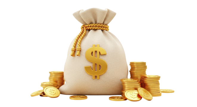 3D rendered money bag with gold dollar sign and coins wealth isolated on a transparent background