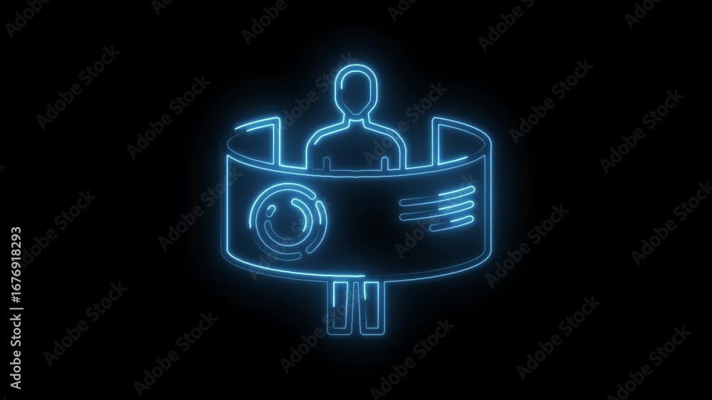 Poster neon man behind digital interface glows with tech infused display animation