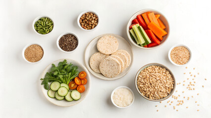 Assortment of healthy plant based ingredients for balanced diet flat lay composition with grains seeds vegetables and fresh herbs on white background perfect for nutrition articles and food blogs
