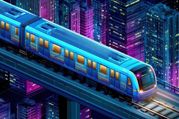 Fototapeta premium A futuristic train isometric illustration traveling through a city at night, showcasing a modern urban transport system.