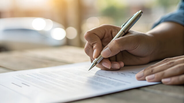 Close-up of human hand signing official document with pen on wooden desk in natural light perfect for business agreements contracts legal paperwork illustrations and financial service visuals