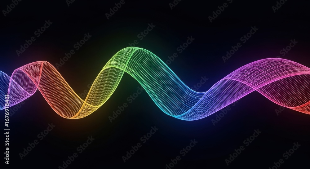Poster spectrum waveform visualizer: dynamic rainbow flow on dark backdrop