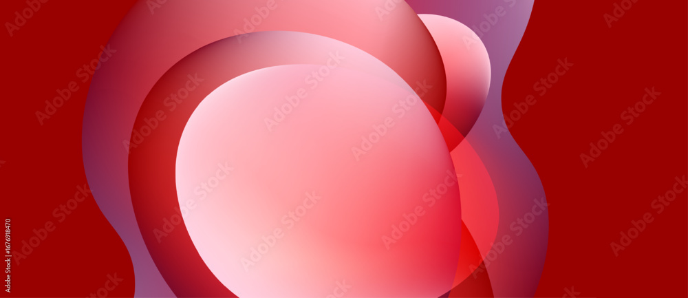 Poster abstract composition featuring overlapping pink circles against red background. soft gradients creat