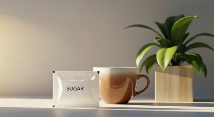 Minimalist Sugar Pack and Coffee Mug with Green Plant on White Surface