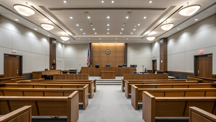 Empty courtroom with wooden benches judge desk and US flag illuminated by ceiling lights perfect for law themes justice visuals legal process illustrations and government institution concepts