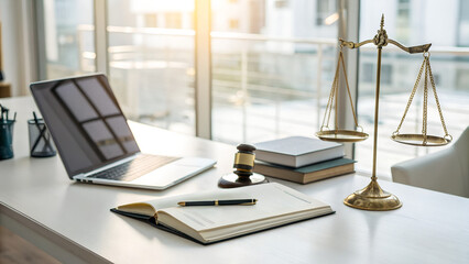 Lawyer workplace with laptop notebook gavel and scales of justice on desk near window in bright office interior perfect for law firms legal services corporate justice visuals and court themes
