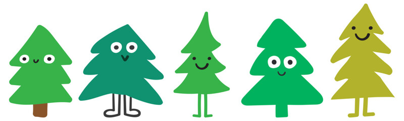 Set of cute Christmas trees. Funny characters. Flat vector design. Illustrations on white background.