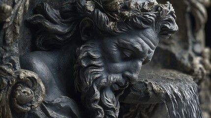 the photograph showcases a close up of a carved figure, crafted from a dark, stone like material. the figure has flowing hair and a beard, adorned with a leafy crown on its head