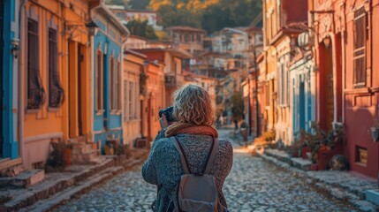 Fototapeta premium Enchanting Streets: A solo explorer photographs vibrant, historic streets lined with colorful buildings bathed in the golden light of sunset, capturing the beauty of travel and cultural exploration.