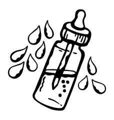 bottle of facial serum, black and white illustration