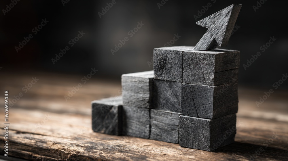 Poster Stacked metallic blocks with an upward arrow symbolizing growth, progress, and success in a business context