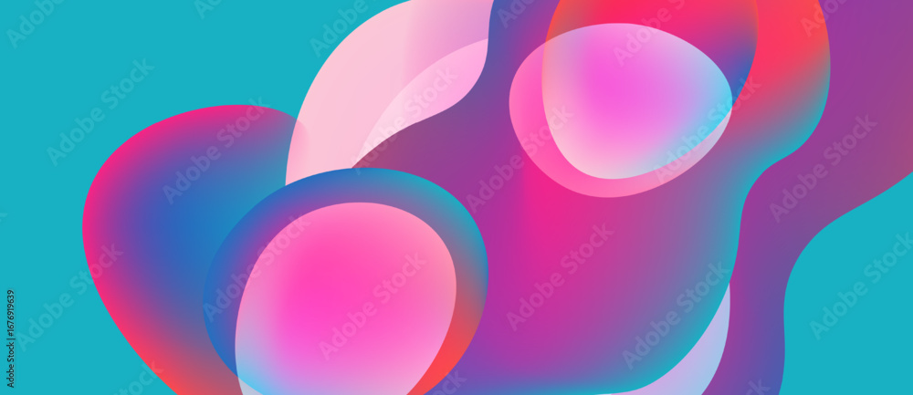 Poster abstract fluid shapes blend, vibrant pinks, blues create dynamic composition. smooth gradients sugge