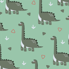 green dinosaur brontosaurus cartoon vector fullprint fabric seamless pattern for kids apparel © Rizki