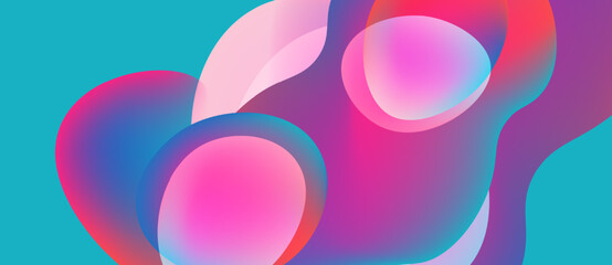 Abstract fluid shapes blend, vibrant pinks, blues create dynamic composition. Smooth gradients suggest movement, depth. Modern design element.