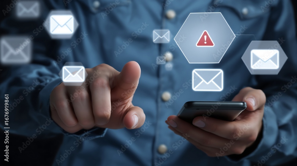Poster email security concept with person using smartphone and warning alert for spam and phishing protecti