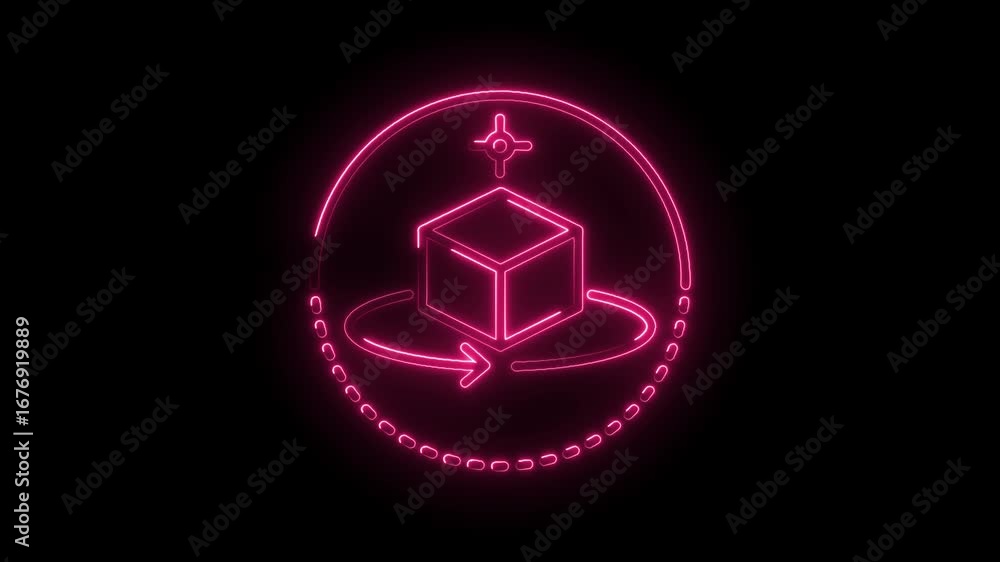 Poster pink neon 3d product rotation loop animation on black background for ecommerce