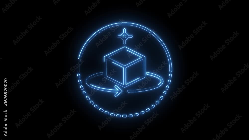 Poster neon cube scan with circle rotation animation on black background for product display