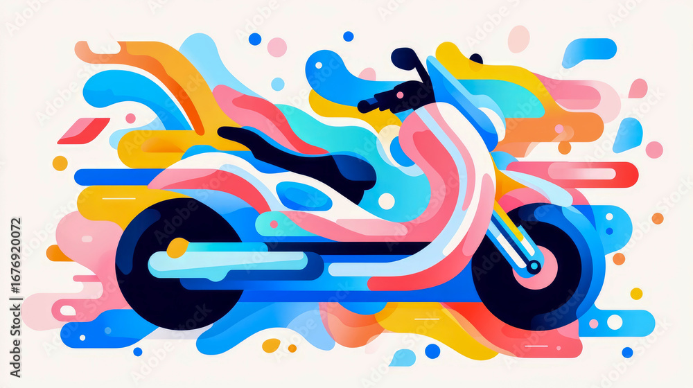 Poster vibrant abstract scooter art with fluid overlapping shapes and dynamic gradient colors on minimalist