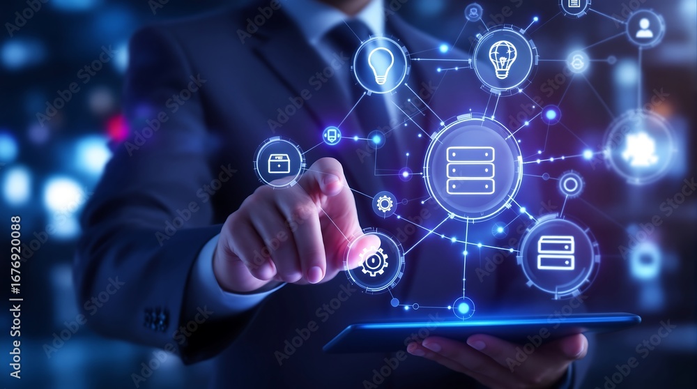Poster businessman interacting with digital interface technology network connection data analysis 100