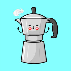 A cute cartoon Moka pot with a smiling face on a blue background.
