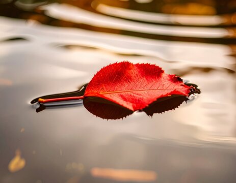A vibrant red leaf rests gently on the surface of still water, reflecting its beauty.