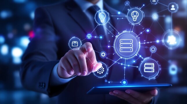 Businessman interacting with digital interface technology network connection data analysis  100