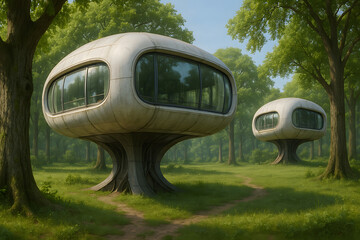 Retro-Futuristic Pod Houses in a Serene Forest Setting